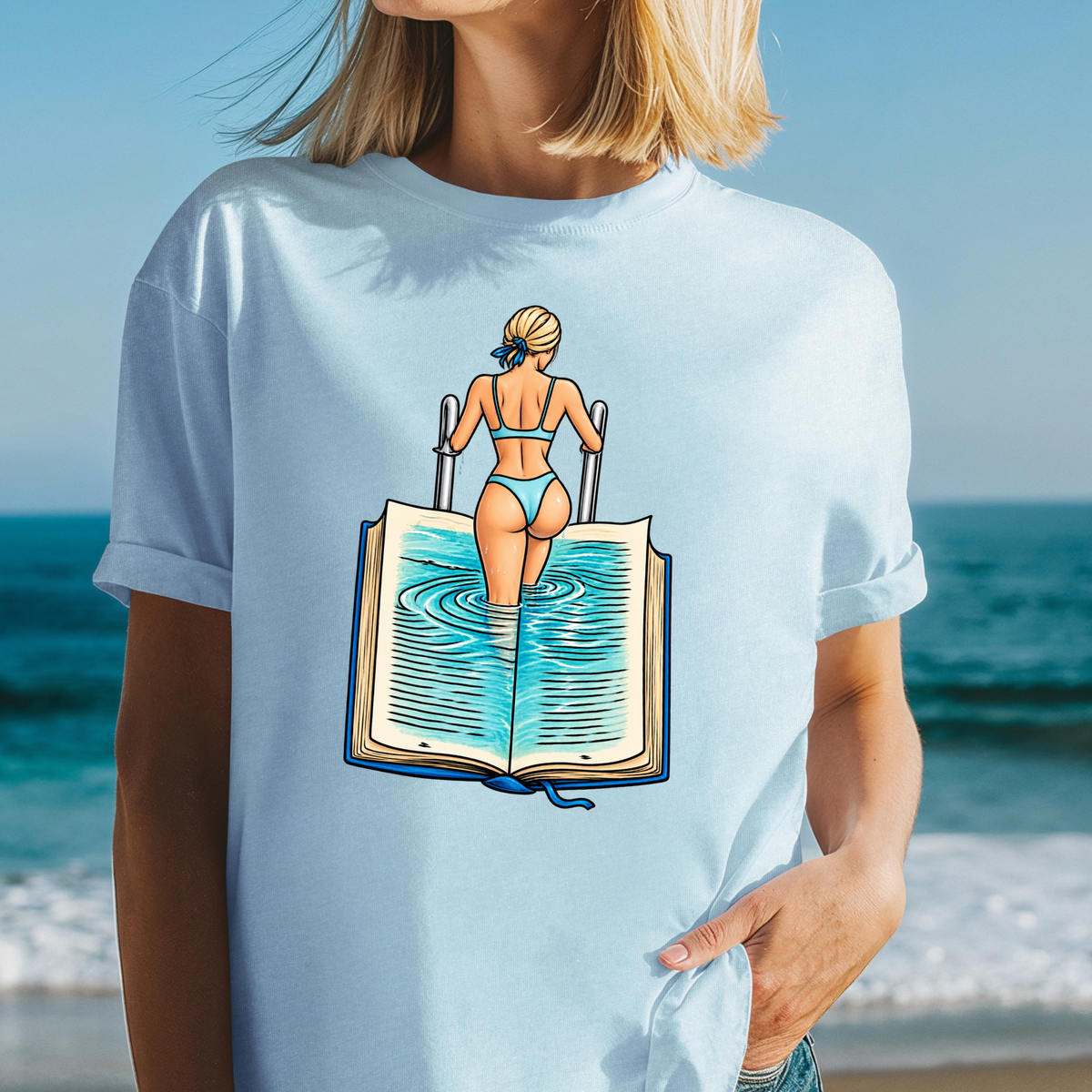 Woman Swimming in Open Book T-Shirt | Fun Literary Swim Tee, Reading Lover Shirt