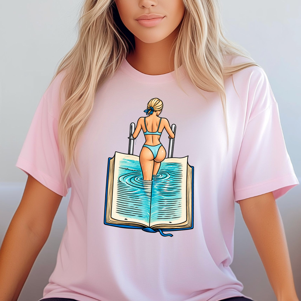 Woman Swimming in Open Book T-Shirt | Fun Literary Swim Tee, Reading Lover Shirt