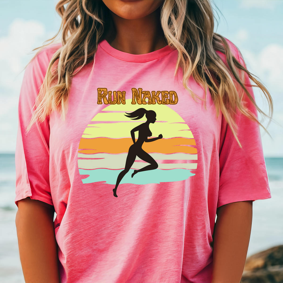 Run Naked silhouette runner T-Shirt | Retro sunset beach design top, Naturist Nudist Tee