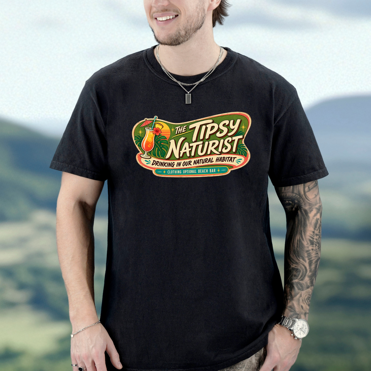 The Tipsy Naturist Clothing Optional Beach Bar T-Shirt | Funny Nudist Tee