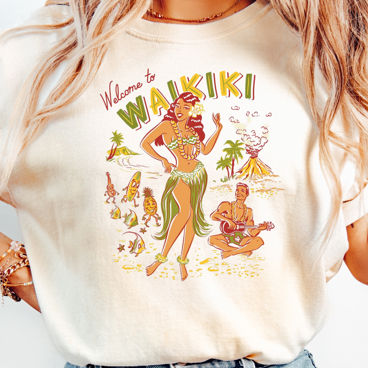Waikiki Hula Girl T-shirt | Vintage Hawaiian Surf Art Tee, Hawaii Beach Shirt