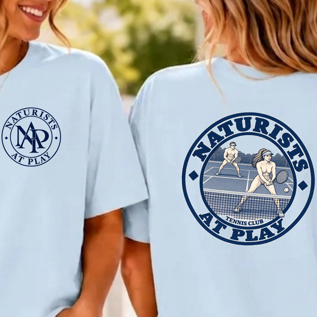 Naturists at Play Tennis Club Graphic T-Shirt | Funny Nudist Naturist Tee