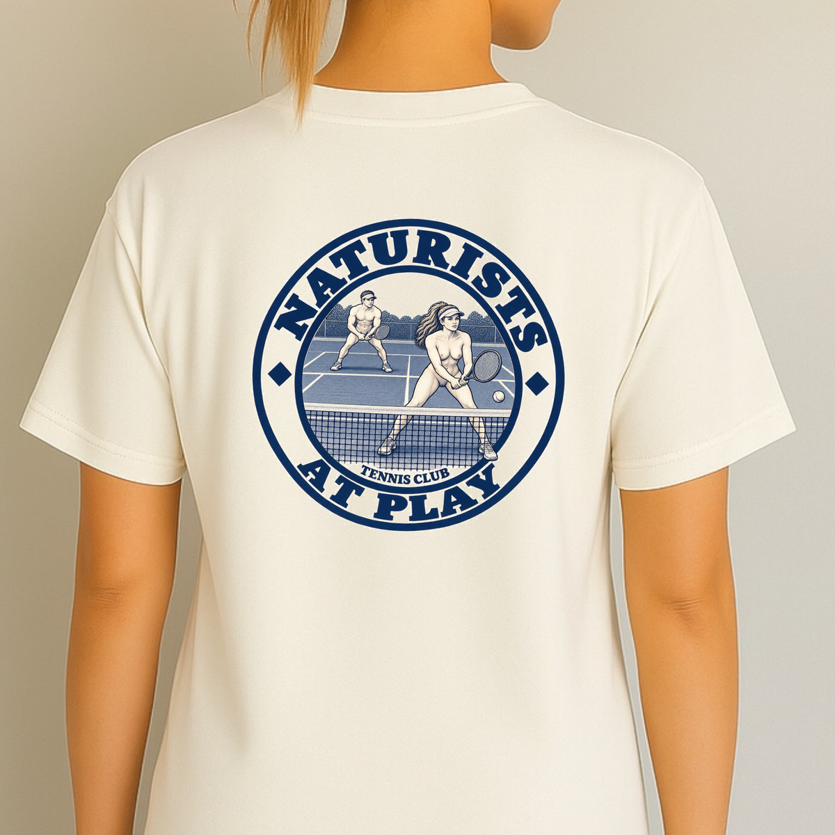 Naturists at Play Tennis Club Graphic T-Shirt | Funny Nudist Naturist Tee