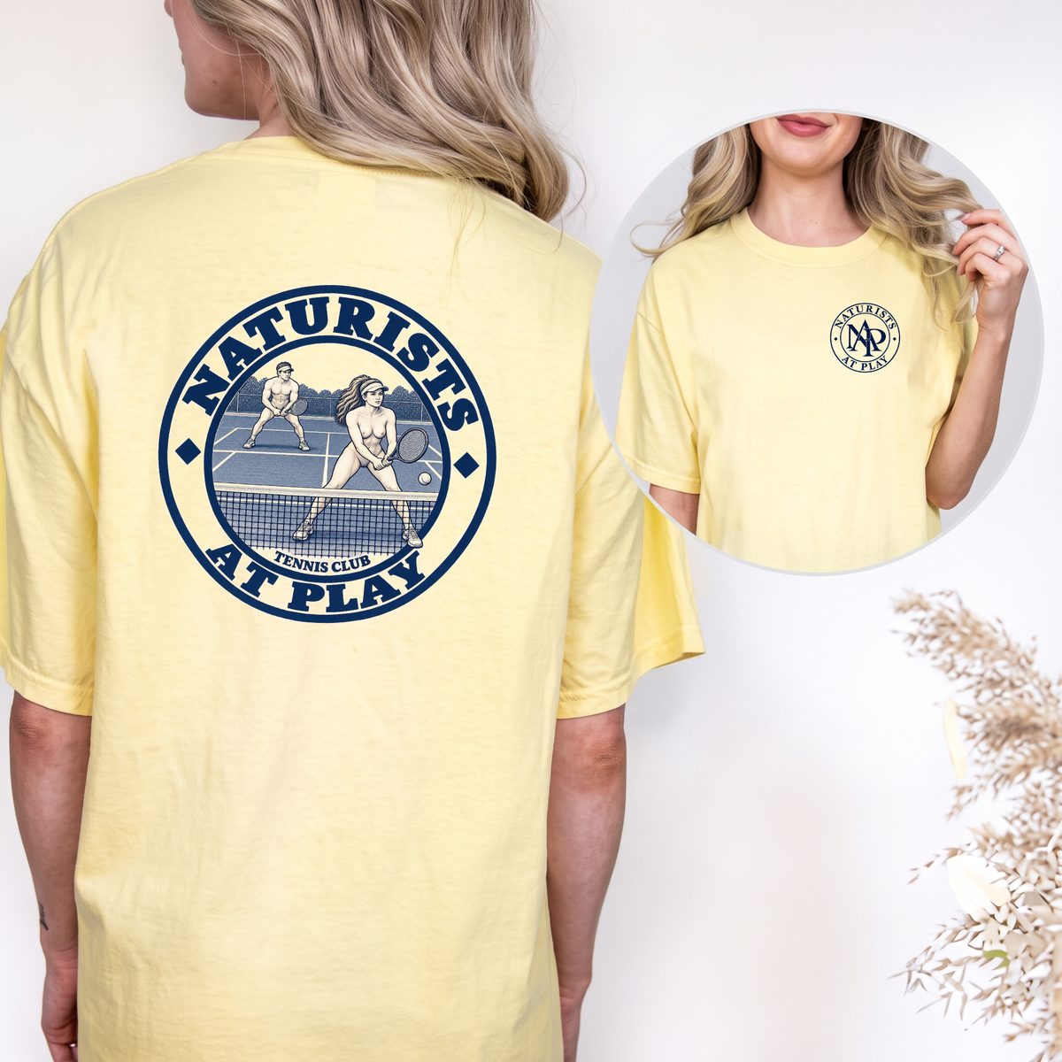 Naturists at Play Tennis Club Graphic T-Shirt | Funny Nudist Naturist Tee