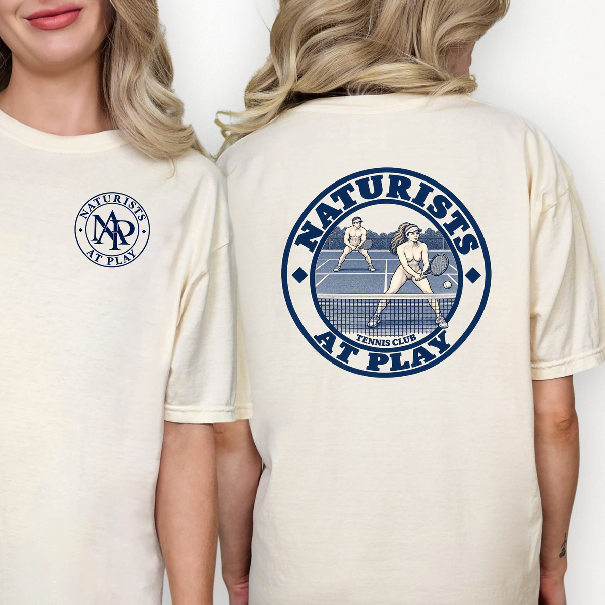 Naturists at Play Tennis Club Graphic T-Shirt | Funny Nudist Naturist Tee