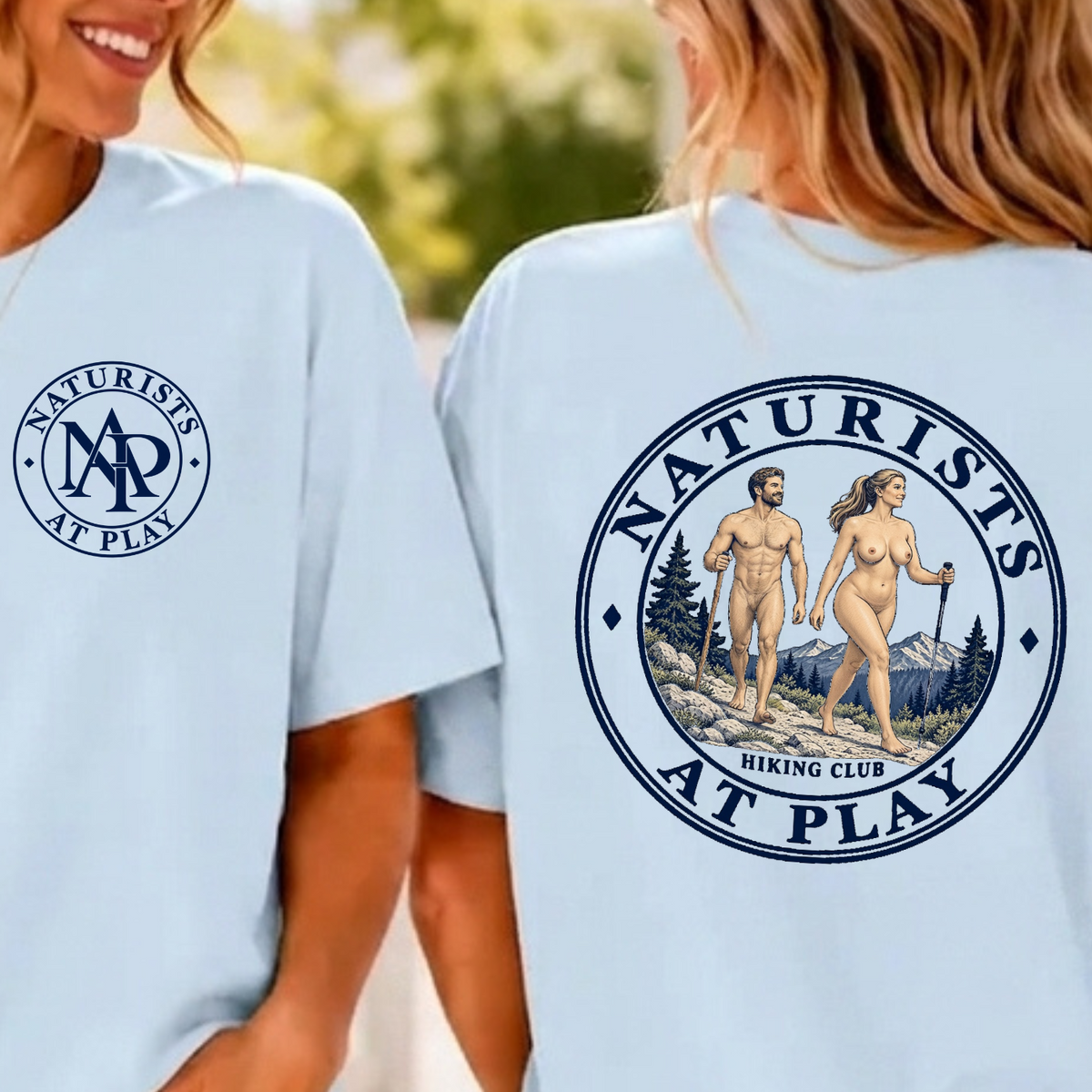 Naturists at Play Hiking Club Graphic T-Shirt | Fun Nudist Naturist Outdoors Tee