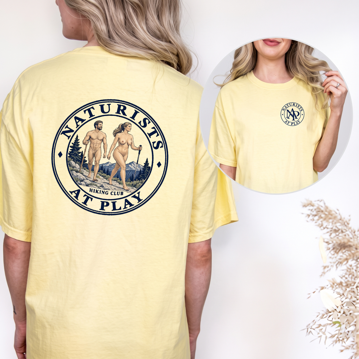 Naturists at Play Hiking Club Graphic T-Shirt | Fun Nudist Naturist Outdoors Tee