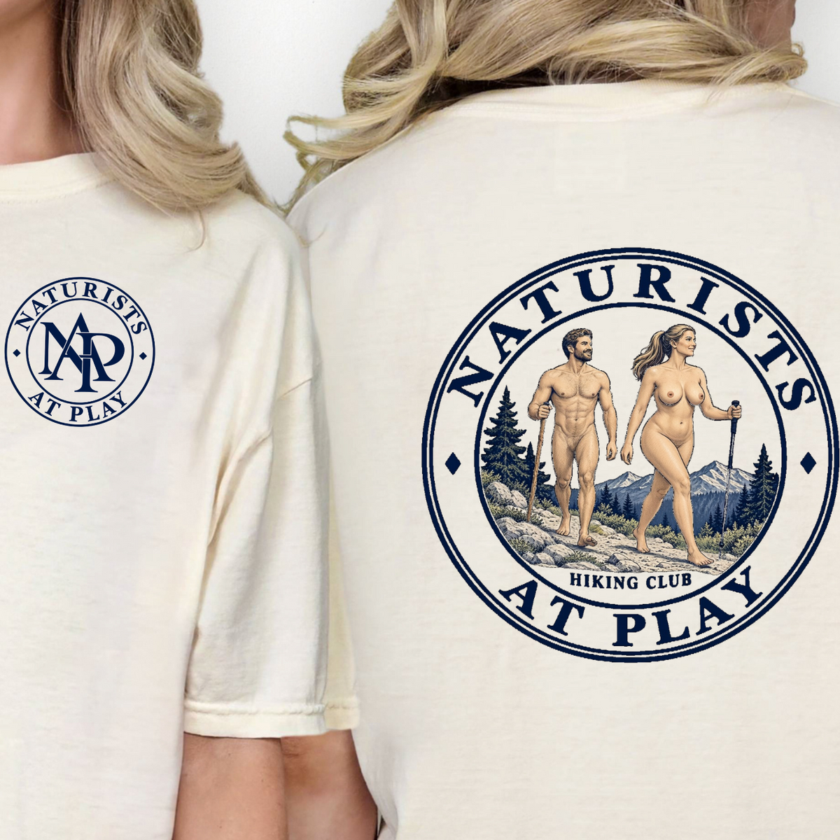Naturists at Play Hiking Club Graphic T-Shirt | Fun Nudist Naturist Outdoors Tee