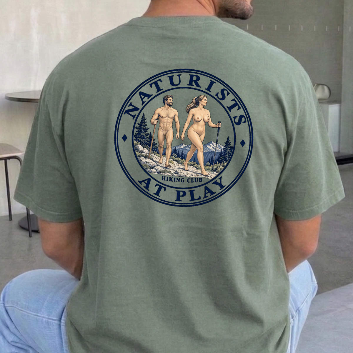 Naturists at Play Hiking Club Graphic T-Shirt | Fun Nudist Naturist Outdoors Tee