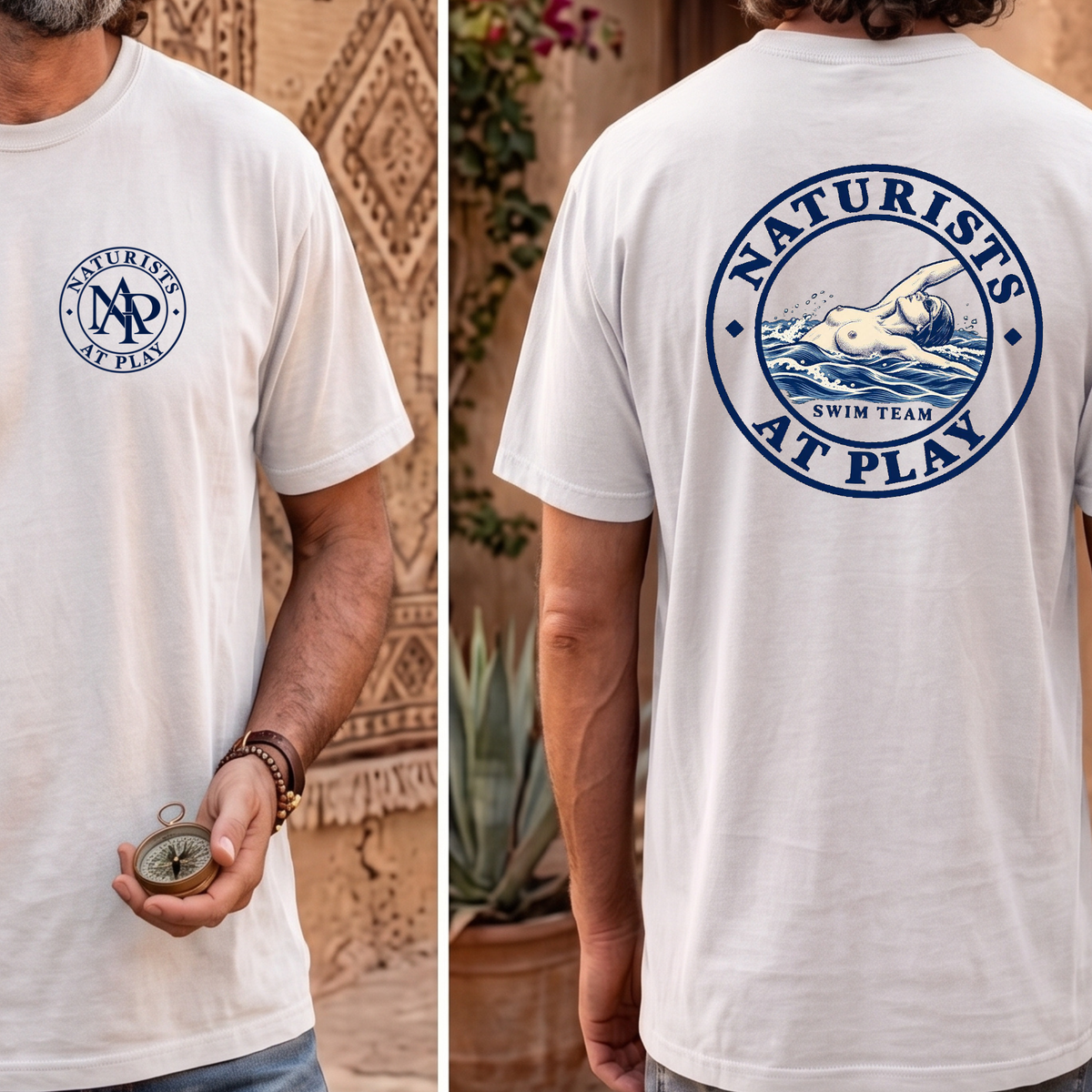Naturists at Play Swim Team T-Shirt | Fun Nudist Naturist Tee, Naked Swimmer Top