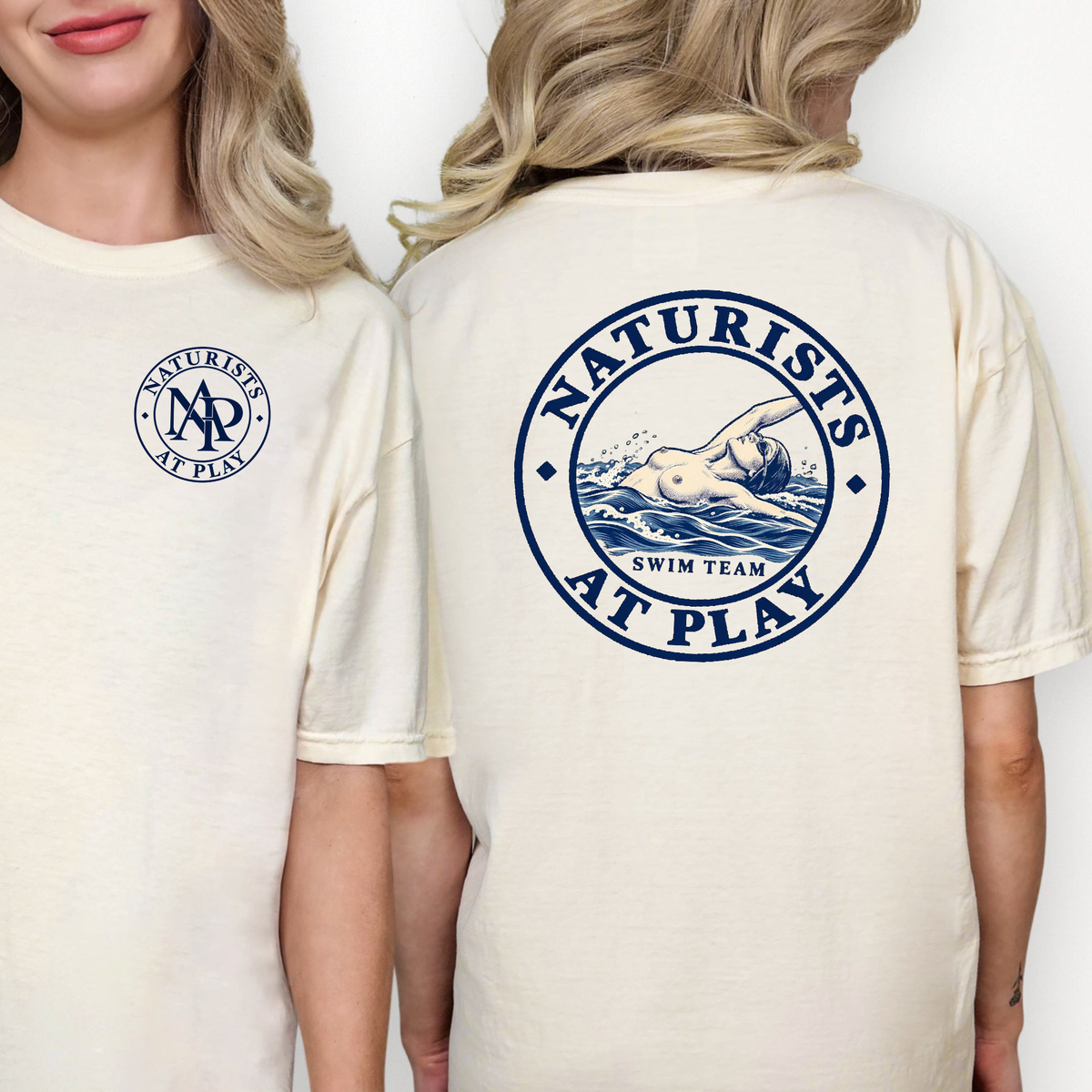 Naturists at Play Swim Team T-Shirt | Fun Nudist Naturist Tee, Naked Swimmer Top