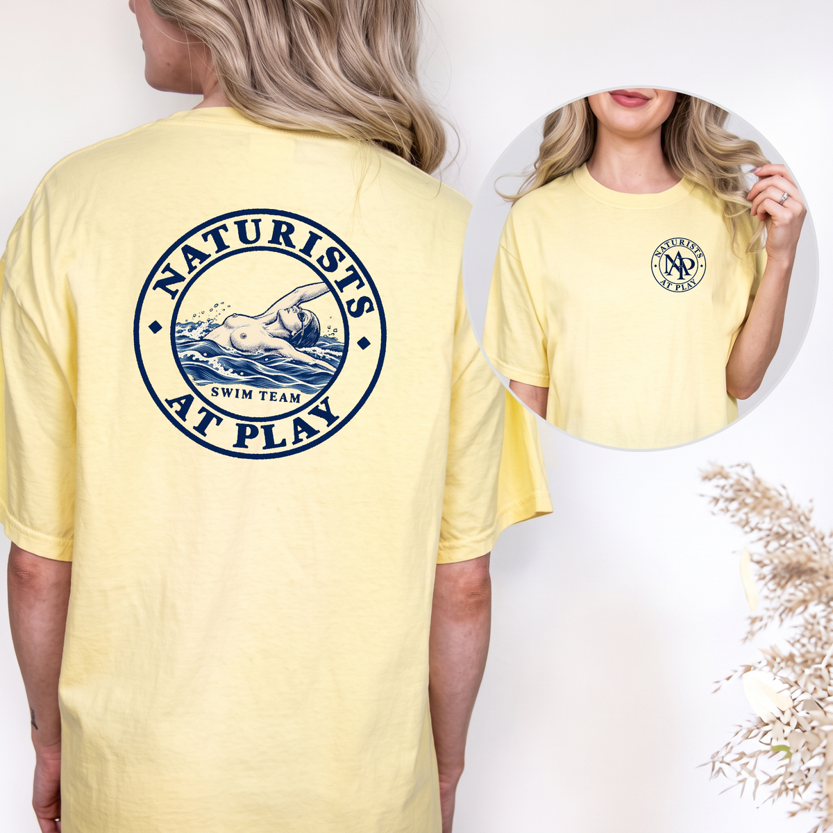Naturists at Play Swim Team T-Shirt | Fun Nudist Naturist Tee, Naked Swimmer Top