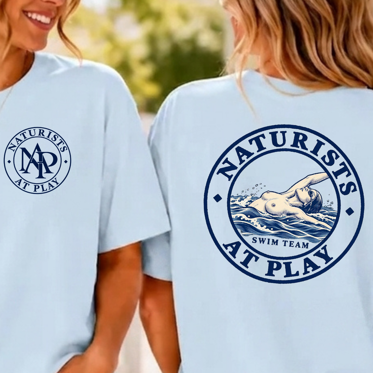 Naturists at Play Swim Team T-Shirt | Fun Nudist Naturist Tee, Naked Swimmer Top