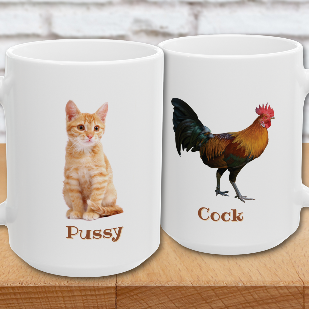 Cheeky Rooster & Cat Ceramic Coffee Mug — Fun 2-Sided 15oz Tea Cup